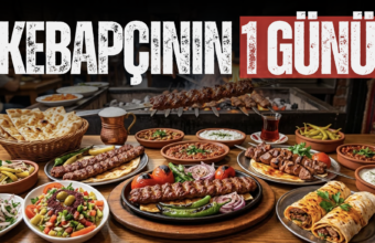 Restaurant feast: skewers over a grill with breads, salads, and sauces in front; bold Turkish text overlay says ���KEBAPÇININ İçin��� (For kebab lovers).
