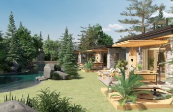 Modern backyard with a pool, stone patio and wooden lounge areas along a glass-walled house amid tall trees and greenery as sunlight shines through the garden.