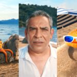 Collage of three beach scenes: an orange octopus wearing goggles on a rock by the sea, a man at the shore in a white shirt, and a shell with blue sunglasses on sand near a striped umbrella.