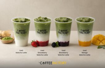 Four iced matcha latte drinks in clear cups with The Coffee Factory logo; from left to right: Iced Matcha Latte, Iced Strawberry Matcha Latte, Iced Blackberry Matcha Latte, Iced Mango Matcha Latte.